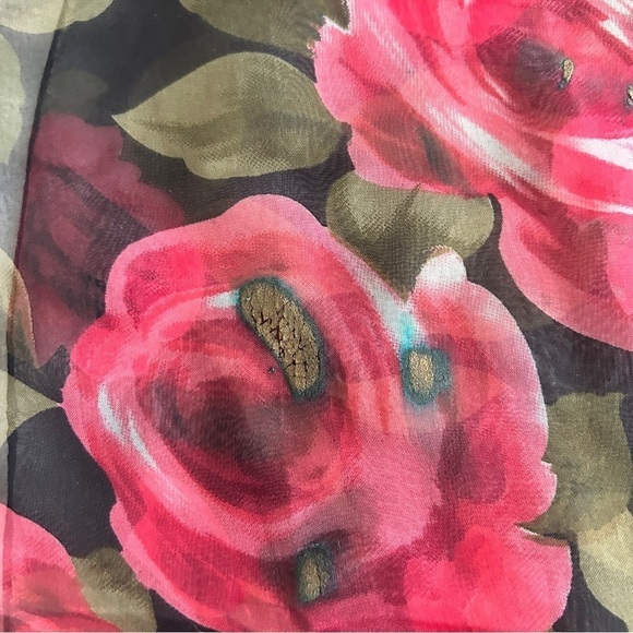 Oblong Scarf Rose Print Pink Black Green Floral Print Fringe Vintage 1990s - Picture 14 of 14